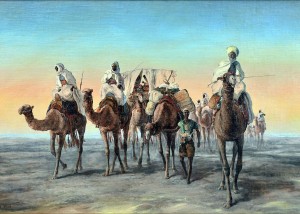 J C Frisch Title: Desert Travelers Category: Painting Medium: Oil Ground: Canvas Signature: Lower Left Size: 20" x 30" Style: Luminist